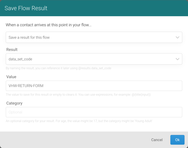Data set code flow result dialog